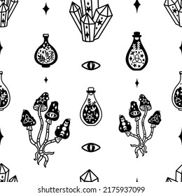 Magic mushrooms black and white vector seamless pattern. Halloween potion, witch eye, mystic crystal