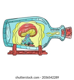 Magic Mushrooms In A Bottle. Psychedelic Hallucination. Vibrant Vector Illustration.A witch's potion bottle, with mushrooms.Cartoon bottles of potions with mushrooms