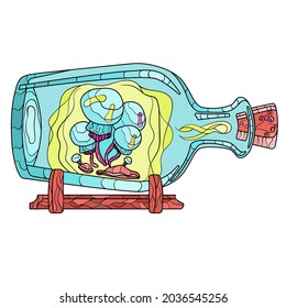 Setas Mágicas En Una Botella. Alucinación psicodélica. Vibrante Ilustración vectorial.Botella de poción de una bruja, con hongos.Botellas de dibujos animados con hongos