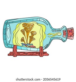 Magic Mushrooms In A Bottle. Psychedelic Hallucination. Vibrant Vector Illustration. A witch's potion bottle, with mushrooms. Cartoon bottles of potions with mushrooms
