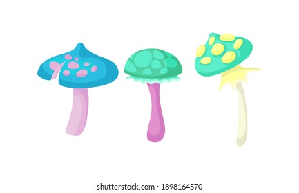 Magic Mushrooms with Bright Cap and Stipe Vector Set