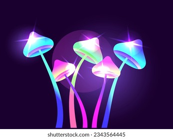 Magic mushrooms with a bright glow. Gradient mushrooms on a high stem. Fabulous fluorescent glowing mushrooms. Bioluminescent fungus. Design for poster and banner. Vector illustration