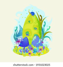 Magic mushrooms. The central composition of mysterious plants, fungi, fireflies and funny snails for fairy stickers. Cartoon vector illustration.