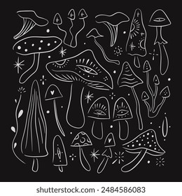 Magic mushrooms collection, fantasy line original nature celestial space set. Fantastic mystical fungi for logos, brochures, decorations, textures, patterns and more. Hand illustrated clip art