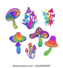Magic mushrooms collection. Psychedelic hallucination inspired vector set. Vibrant vector illustration. 60s hippie colorful art.