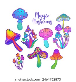 Colección de hongos mágicos. Set de Vector inspirado en alucinaciones psicodélicas. Ilustración vectorial vibrante. Arte colorido hippie de los años 60.