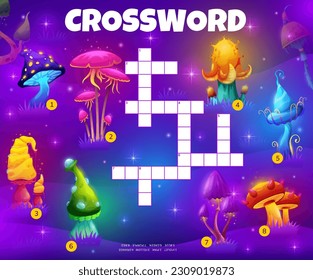 Magic mushrooms. Crossword grid word quiz game, kids educational puzzle with words search task. Children crossword grid game vector worksheet with fantasy fluorescent glowing mushrooms on meadow