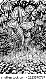 Magic mushrooms cute colorful illustrations. illustration of lino print mushrooms isolated onwhite background