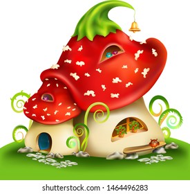 magic mushrooms with a door, windows and a small owl on white background