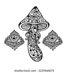 Magic Mushrooms with Eye, psychedelic Vector illustration. Zen art. Decorative mushrooms, hippie, esoteric, mystical objects. 60s, 70s Ink