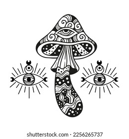 Magic Mushrooms with Eye, psychedelic Vector illustration. Zen art. Decorative mushrooms, hippie, esoteric, mystical objects. 60s, 70s Ink