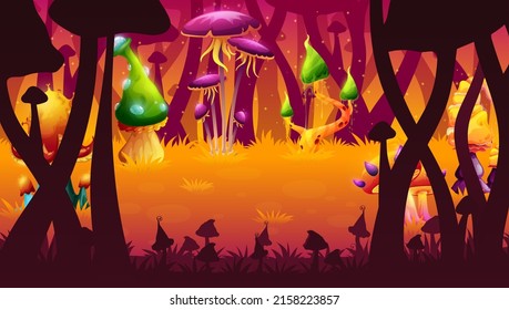 Magic Mushrooms In Fairy Forest Game Level Landscape. Fantasy Vector Background, Alien Planet Natural Scene Location. Cartoon Parallax Effect With Strange Fungi, Unusual Fairytale Glow Plants On Field