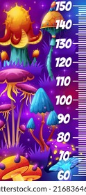 Magic mushrooms in fairy forest kids height chart. Vector growth measure meter with cartoon glowing toadstools. Measurement scale for children with fantasy fairytale world or alien funny fungi plants