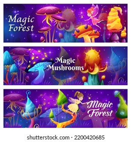 Magic mushrooms in fairytale forest, vector banners. Fantasy glowing fluorescent light fungi, magic forest luminous mushrooms with tentacles, slime and thorns, fairy character