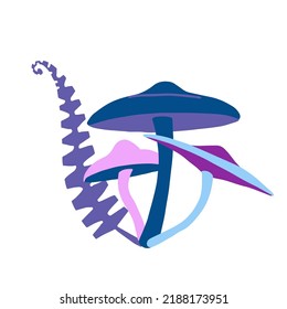Magic mushrooms and ferns decorative composition in cold violet and blue colors. Hand drawn vector illustration