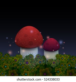 Magic mushrooms with fireflies in the night fairy forest. Vector illustration.