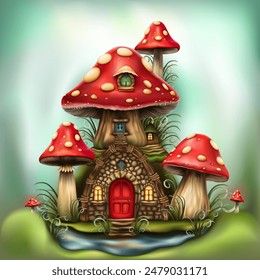 Magic mushrooms in forest. Fairy tale mushrooms group with white spots. Fairy houses red amanita with doors and windows. Vector illustration.