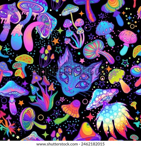 Magic mushrooms and galaxy cat seamless pattern. Psychedelic 60s hippie colorful art. Vintage psychedelic textile, fabric, wrapping, wallpaper. Vector repeating illustration.