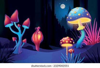 Magic mushrooms growing in dark night forest cartoon background vector illustration