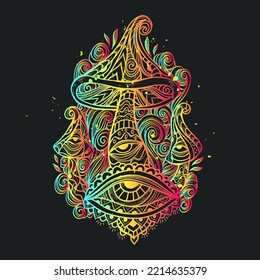 Magic Mushrooms hallucination. Vector illustration. Mushrooms hippie psychedelic style. Decorative mushrooms, esoteric objects.60s, 70s