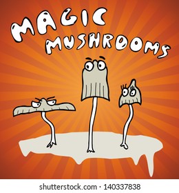 Magic mushrooms hand drawing vector vintage orange background