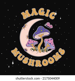 Magic mushrooms. Hand-drawn vector illustration with mushrooms on the moon.