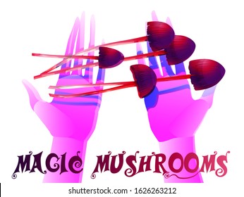 Magic mushrooms in hands.Vector illustration