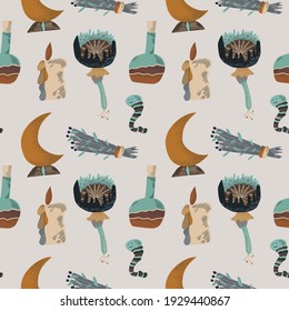 Magic mushrooms and items for deck building. Seamless pattern in brown. For wrapping paper for printing on fabric. Poster or postcard.