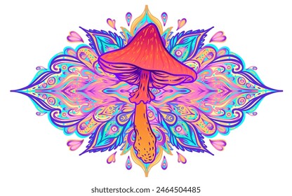 Zauberpilze Mandala.  Psychedelische Halluzination. Vibrierende trippige Vektorillustration. 60er Jahre Hippie bunte Kunst. Handgezeichnetes Design im ethnisch indischen Stil. Mystische abstrakte Hippie Yogamatte Design.