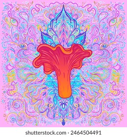 Magic mushrooms mandala.  Psychedelic hallucination. Vibrant trippy vector illustration. 60s hippie colorful art. Hand drawn design in ethnic Indian style. Mystic abstract hippie yoga mat design.