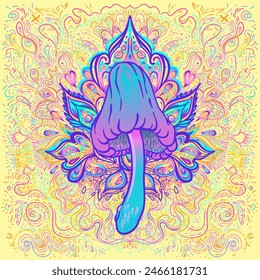 Mandala de hongos mágicos.  Alucinación psicodélica. Ilustración vectorial vibrante. Arte colorido hippie de los años 60. Diseño dibujado a mano en estilo étnico indio. Diseño místico abstracto de estera de yoga hippie.