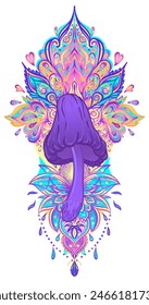 Magic mushrooms mandala.  Psychedelic hallucination. Vibrant trippy vector illustration. 60s hippie colorful art. Hand drawn design in ethnic Indian style. Mystic abstract hippie yoga mat design.