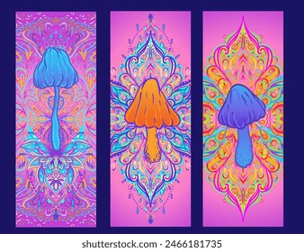 Mandala de hongos mágicos.  Alucinación psicodélica. Ilustración vectorial vibrante. Arte colorido hippie de los años 60. Diseño dibujado a mano en estilo étnico indio. Diseño místico abstracto de estera de yoga hippie.