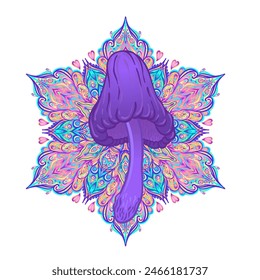 Mandala de hongos mágicos.  Alucinación psicodélica. Ilustración vectorial vibrante. Arte colorido hippie de los años 60. Diseño dibujado a mano en estilo étnico indio. Diseño místico abstracto de estera de yoga hippie.
