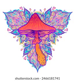 Mandala de hongos mágicos.  Alucinación psicodélica. Ilustración vectorial vibrante. Arte colorido hippie de los años 60. Diseño dibujado a mano en estilo étnico indio. Diseño místico abstracto de estera de yoga hippie.