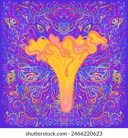 Mandala de hongos mágicos.  Alucinación psicodélica. Ilustración vectorial vibrante. Arte colorido hippie de los años 60. Diseño dibujado a mano en estilo étnico indio. Diseño místico abstracto de estera de yoga hippie.