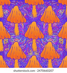 Zauberpilze Mandala.  Psychedelische Halluzination. Vibrierende trippige Vektorillustration. 60er Jahre Hippie farbenfrohe Kunst. Handgezeichnetes Design im ethnisch indischen Stil. Abstraktes Hippie Yogamatte Design.
