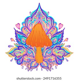 Mandala de hongos mágicos.  Alucinación psicodélica. Ilustración vectorial vibrante. Arte colorido hippie de los años 60. Diseño dibujado a mano en estilo étnico indio. Diseño místico abstracto de estera de yoga hippie.