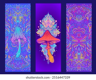 Magic mushrooms mandala. Psychedelic hallucination. Vibrant trippy vector illustration. 60s hippie colorful art. Hand drawn design in ethnic Indian style. Yoga mat design.