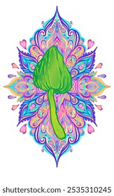 Mandala de setas mágicas. Alucinación psicodélica. Vibrante Ilustración vectorial trippy. Arte colorido hippie de los años 60. Diseño dibujado a mano en estilo indio étnico. Diseño de estera de yoga.