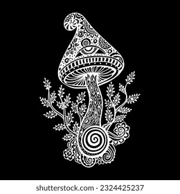 Magic Mushrooms mandala. Psychedelic pattern. Vector illustration. Zen Boho art. Decorative mushrooms, hippie, hallucination psilocybin 60s 70s