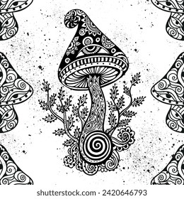 Magic Mushrooms mandala. Psychedelic pattern. Vector illustration. Zen Boho art. Decorative mushrooms, hippie, hallucination psilocybin 60s 70s