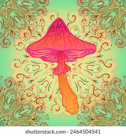 Setas mágicas mandala patrón sin fisuras.  Alucinación psicodélica. Ilustración vectorial vibrante. Arte colorido hippie de los años 60. Diseño dibujado a mano en estilo étnico indio. 