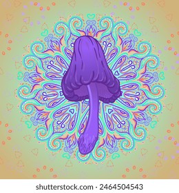 Setas mágicas mandala patrón sin fisuras.  Alucinación psicodélica. Ilustración vectorial vibrante. Arte colorido hippie de los años 60. Diseño dibujado a mano en estilo étnico indio. 