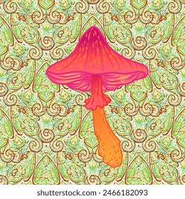 Setas mágicas mandala patrón sin fisuras.  Alucinación psicodélica. Ilustración vectorial vibrante. Arte colorido hippie de los años 60. Diseño dibujado a mano en estilo étnico indio. Diseño de esterilla de yoga mística.