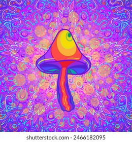 Setas mágicas mandala patrón sin fisuras.  Alucinación psicodélica. Ilustración vectorial vibrante. Arte colorido hippie de los años 60. Diseño dibujado a mano en estilo étnico indio. Diseño de esterilla de yoga mística.