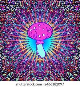 Setas mágicas mandala patrón sin fisuras.  Alucinación psicodélica. Ilustración vectorial vibrante. Arte colorido hippie de los años 60. Diseño dibujado a mano en estilo étnico indio. Diseño de esterilla de yoga mística.