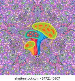 Setas mágicas mandala patrón sin fisuras.  Alucinación psicodélica. Ilustración vectorial vibrante. Arte colorido hippie de los años 60. Diseño dibujado a mano en estilo étnico indio. Diseño abstracto de estera de yoga.