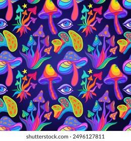 Setas mágicas mandala sin patrón.  Alucinación psicodélica. Trippy Ilustración vectorial. Arte colorido hippie de los años 60. Diseño dibujado a mano en estilo indio étnico. Diseño abstracto místico de la estera del yoga.