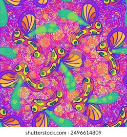 Setas mágicas mandala sin patrón.  Alucinación psicodélica. Vibrante Ilustración vectorial trippy. Arte colorido hippie de los años 60. Diseño dibujado a mano en estilo indio étnico. Diseño Abstractas de estera de yoga.